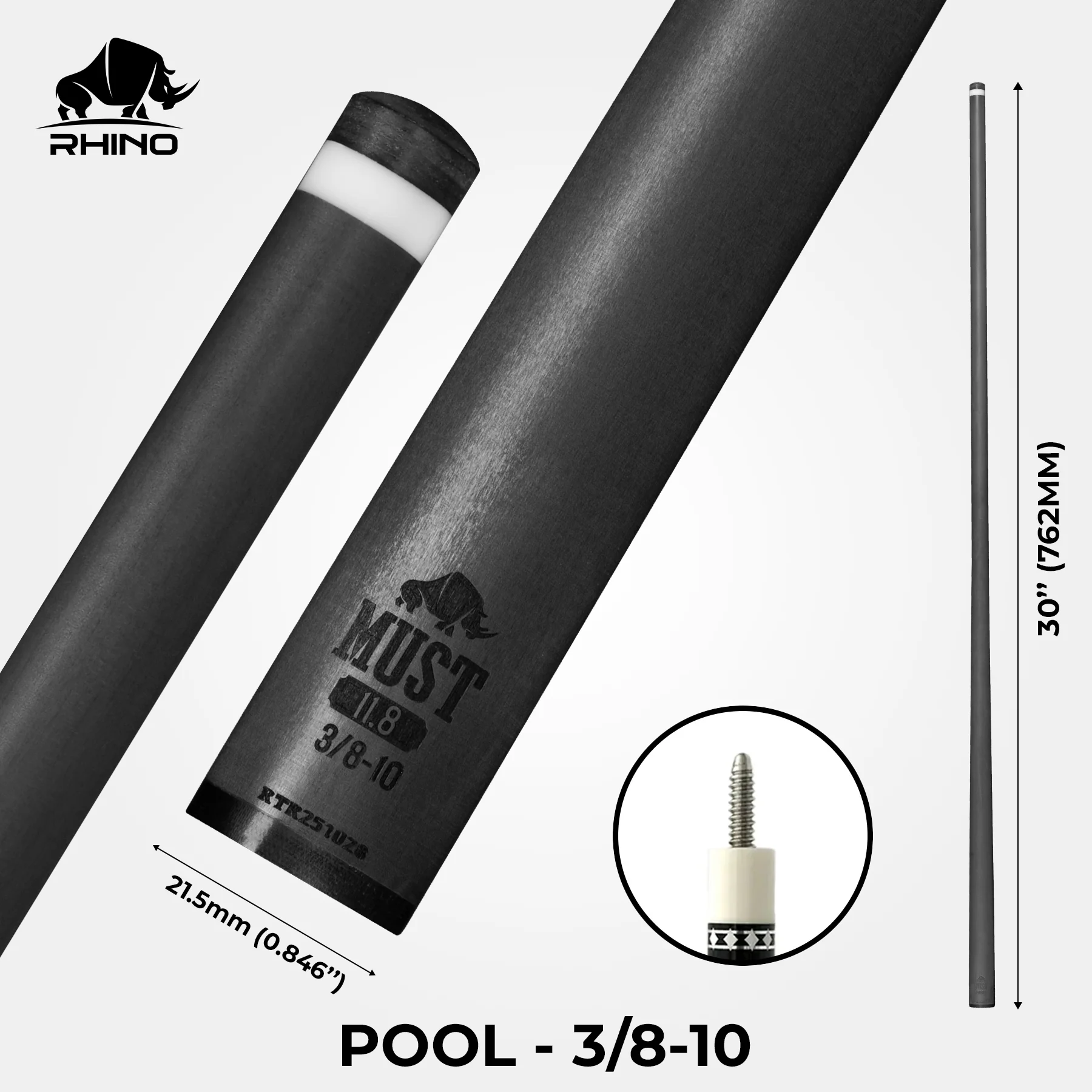 RHINO MUST 30" / 3/8-10 Pro Carbon Pool Cue Single Shaft - Image 2