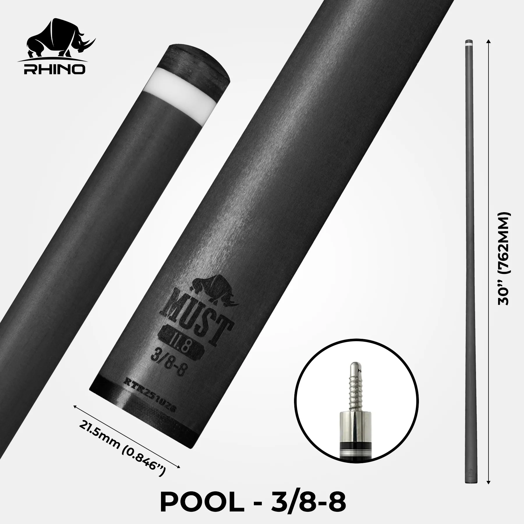 RHINO MUST 30" / 3/8-8 Pro Carbon Pool Cue Single Shaft - Image 2